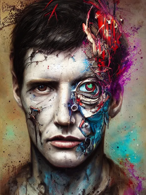 Prompt: art portrait of a man with bionic eye, decaying ,8k,by tristan eaton,Stanley Artgermm,Tom Bagshaw,Greg Rutkowski,Carne Griffiths, Ayami Kojima, Beksinski, Giger,trending on DeviantArt,face enhance,hyper detailed,minimalist,cybernetic, android, blade runner,full of colour,