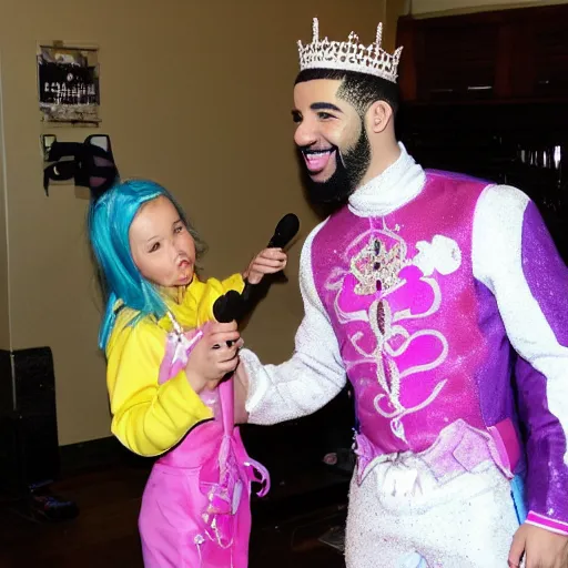 Image similar to drake dressed as a pretty princess with a magic wand