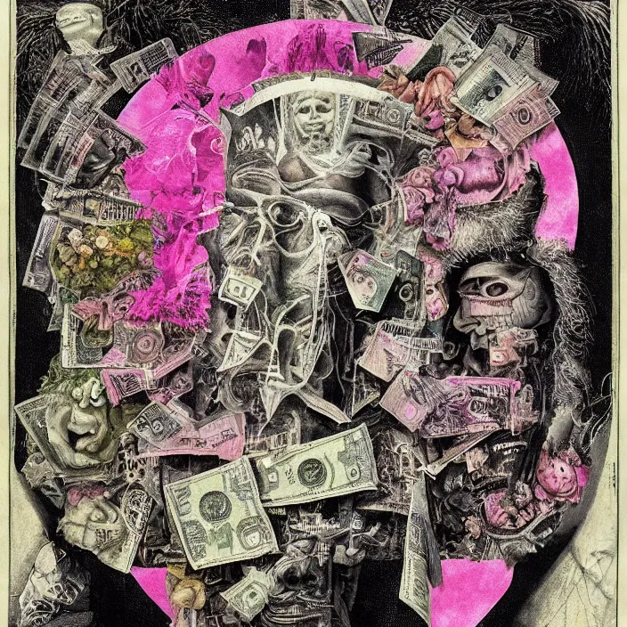 Image similar to post - punk new age album cover, asymmetrical design, dollar bank notes, capitalism, magic, apocalypse, psychedelic, black white pink, highly detailed, magic, giger h. r., giuseppe arcimboldo