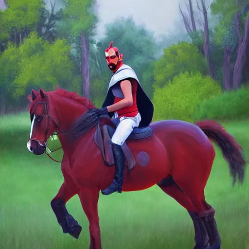 Image similar to darth maul riding his horse in his big iowa property, realistic painting