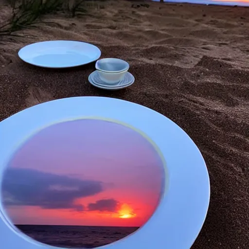 Image similar to photo of a empty white dish over a table with a sunset on the beach in the background