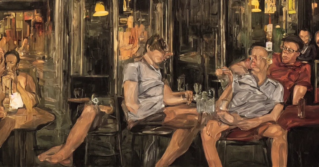 Prompt: todd solondz, high quality high detail image of todd solondz sitting with a friend in an empty bar in tel aviv street, drinking, smoking, clear sharp face of todd solondz, night, by lucian freud and gregory crewdson and francis bacon, hd, photorealistic lighting