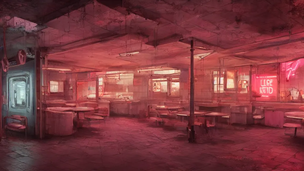 Prompt: the inside of an abandoned retro diner at night, by lee madgwick and bastien lecouffe - deharme, pink and orange neon lights, highly detailed interior, artstation trending, cryenging 8 k uhd