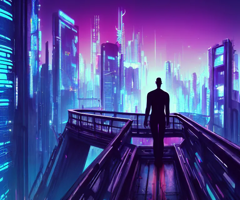 Image similar to a man standing on top of a bridge over a city, cyberpunk art by Vincent Lefevre, behance contest winner, altermodern, cityscape, synthwave, matte painting