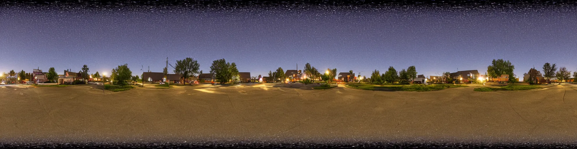 Image similar to spherical panorama photo of country american small town street night bright sky 5 0 mm