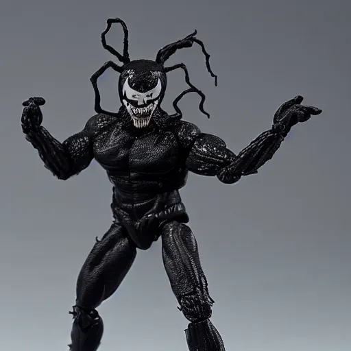 Image similar to action figure of Trump as Venom and shooting black web lines out of hair by Hasbro