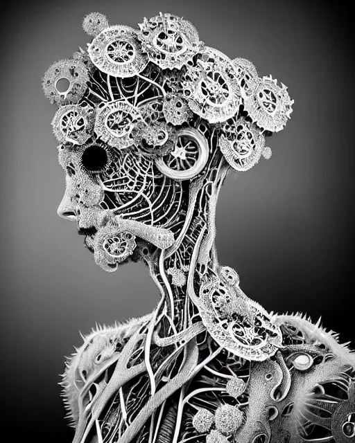 Image similar to surreal dark poetic black and white photo portrait of complex bio-mechanical beautiful young silver female vegetal-cyborg with a Mandelbrot fractal steampunk metal fine lace face, a very long neck and a fine metal floral foliage super big lace collar by Alexander McQueen:: smoke, high fashion, haute couture, rococo, steampunk, silver filigree details, anatomical, facial muscles, cable wires, microchip, elegant, dreamy, foggy atmosphere, hyper realistic, 150 mm lens, soft rim light, octane render, unreal engine, picture was taken in 1910 by Man Ray, volumetric lighting, dramatic light,8k,