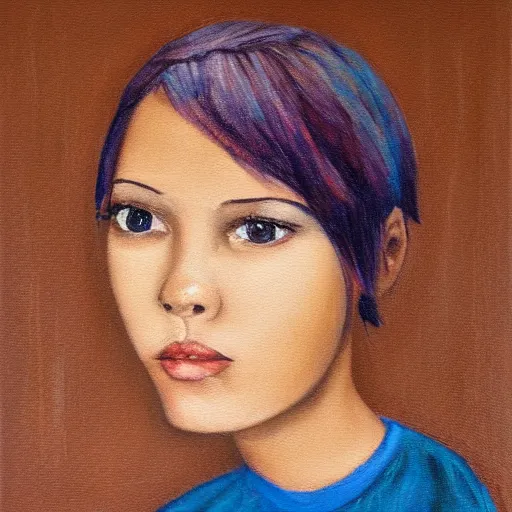 Prompt: beautiful woman with short blue hair, big brown eyes, wearing a brown sweater, oil painting