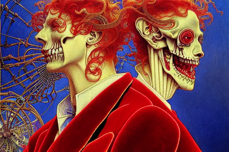 Image similar to realistic detailed closeup portrait painting of a single skeleton wearing red velvet blazer in a crowded futuristic moscow street by Jean Delville, Amano, Yves Tanguy, Alphonse Mucha, Ernst Haeckel, Edward Robert Hughes, Roger Dean, rich moody colours, blue eyes