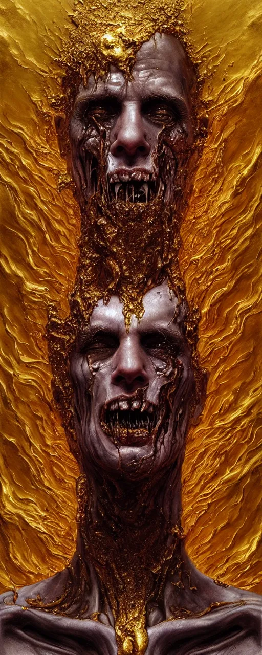 Image similar to Hyper realistic god of death portrait with melting face, gold raining in the background, Cinematic lighting, ultra super good realistic 3D render by Gerald Brom and Zdzisław Beksiński, insanely detailed, trending on artstation, 8k