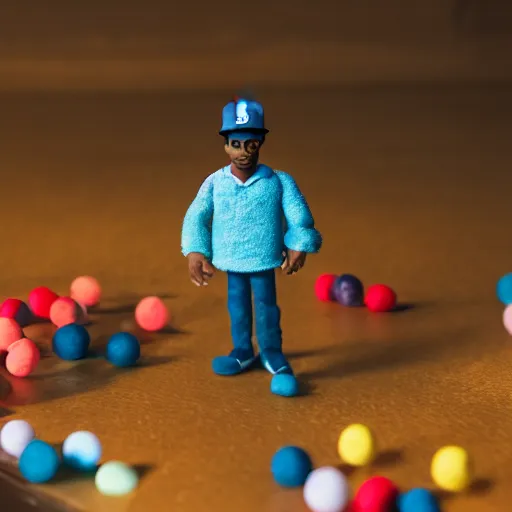 Image similar to a cinematic film still of a claymation stop motion film starring chance the rapper as a college student, shallow depth of field, 8 0 mm, f 1. 8