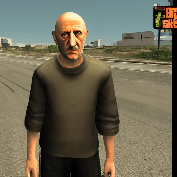 Image similar to Mike Ehrmantraut in Los Santos, screenshot from the PS2 version of GTA San Andreas, orange sky