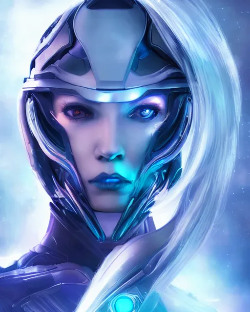 Image similar to perfect android girl on a mothership, warframe armor, beautiful face, scifi, futuristic, galaxy, nebula, raytracing, dreamy, long white hair, blue cyborg eyes, sharp focus, cinematic lighting, highly detailed, artstation, divine, by gauthier leblanc, kazuya takahashi, huifeng huang