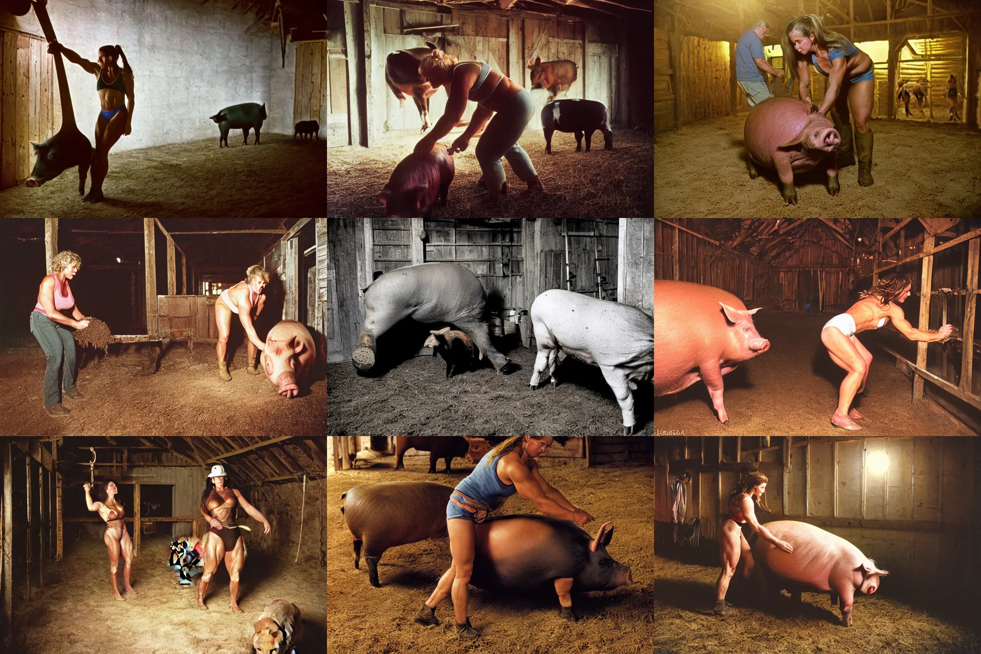 Prompt: color photograph portrait of a muscular woman tending a large pig in a dirty barn, night, summer, warm lighting, 1 9 9 0 photographs from life magazine.