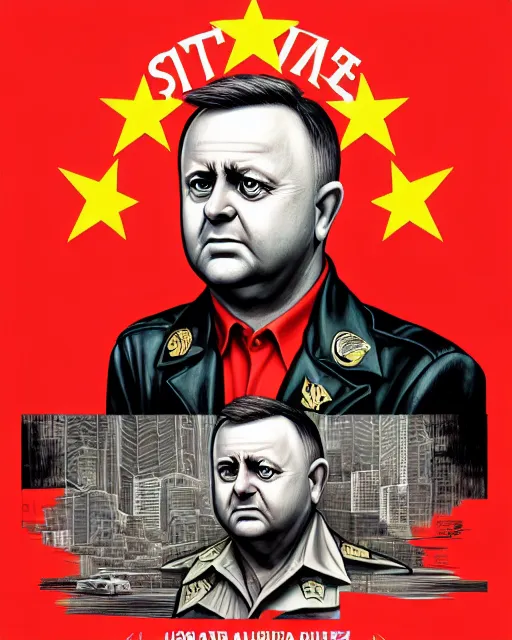 Image similar to anthony albanese in the style of cuban communist propaganda poster art in the year 1 9 8 7 ultra realistic, concept art, intricate details, highly detailed, photorealistic, octane render, 8 k, unreal engine. art by artgerm and magali villeneuve