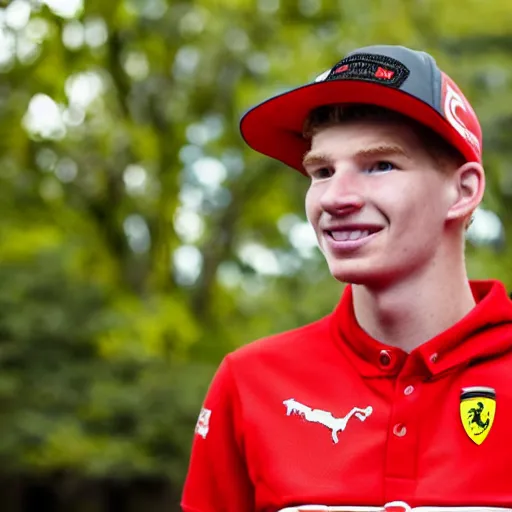Prompt: Mac verstappen in Ferrari clothing