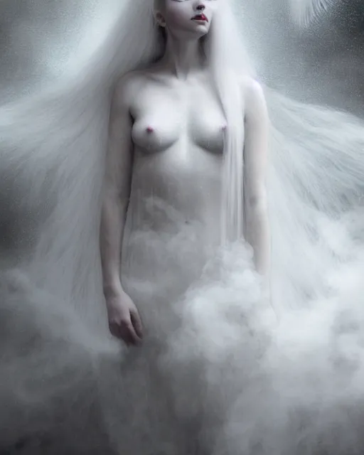 Prompt: delicate, dreamy, feminine, subsurface scattering, white, young beautiful goddess in cosmos long white hair floating in air, white feather dress, fluid smoke art, black and white, octane render, dino valls, mark ryden, joe fenton, michal karcz, highly detailed, rim light, art, cinematic lighting, very coherent, hyper realism, 8 k