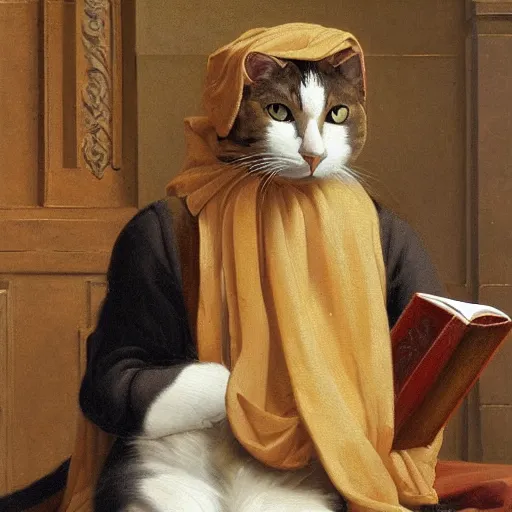 Prompt: Highly detailed oil painting of a cat-gentlemen draped in Roman-style toga reading a book, 19th century oil on canvas, by Edmund Leighton, 8k