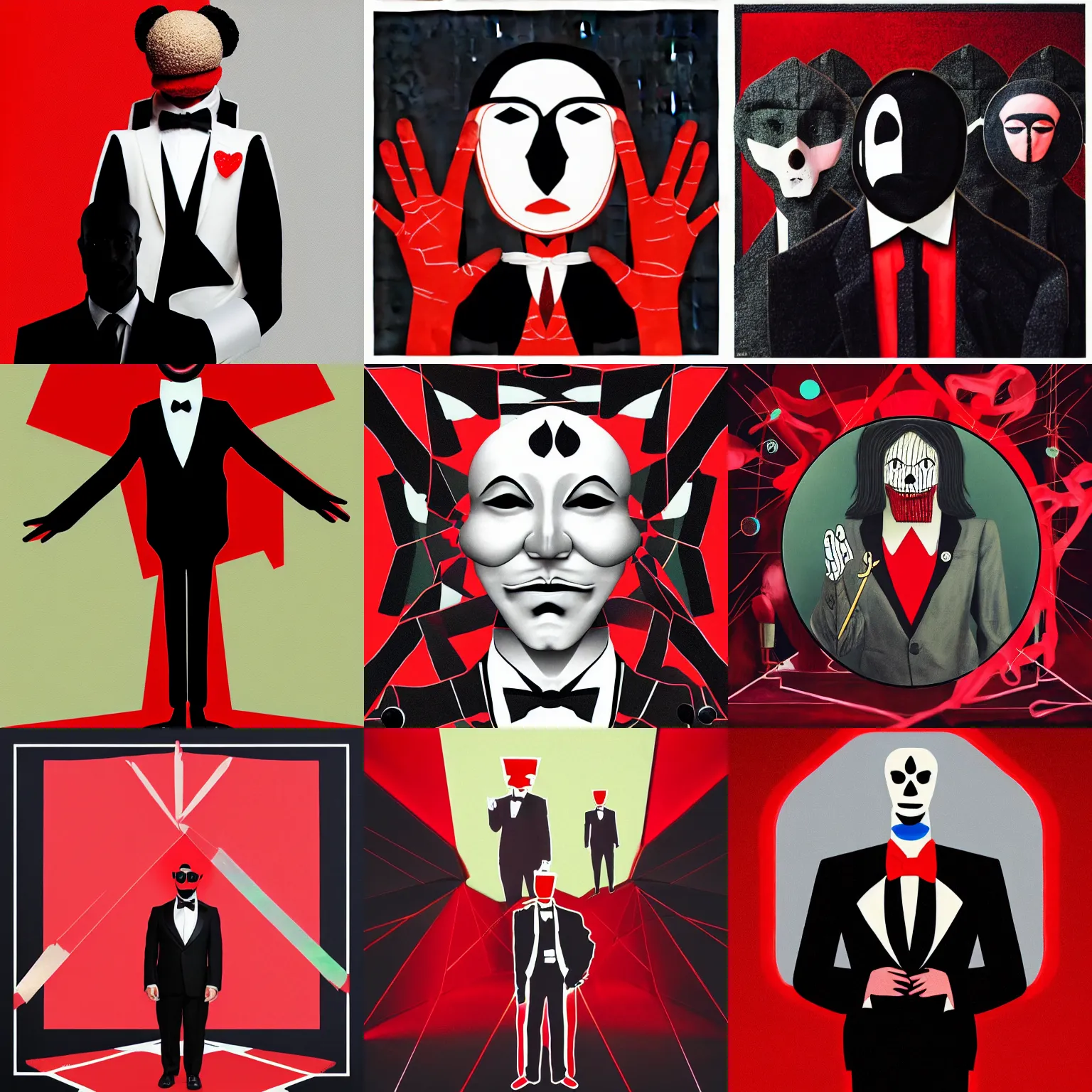 Prompt: puppet master in tuxedo behind red curtens, an album cover by Apelles, featured on dribble, behance, holography, neoplasticism, holographic, cosmic horror, skeuomorphic, parallax