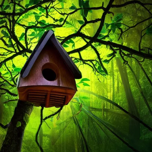 Image similar to wooden birdhouse in a tree in the rain forest, mushrooms and leaves on the birdhouse, mushrooms, dense rain forest, backlit, realistic, beautiful lighting