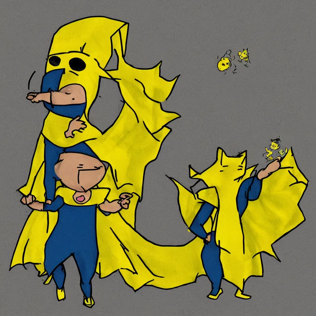 Image similar to Gareth48 microwave cat being with floating hands and a yellow cape and a yellow cartoon crayon-drawn cartoon cat face, super hero, concept art