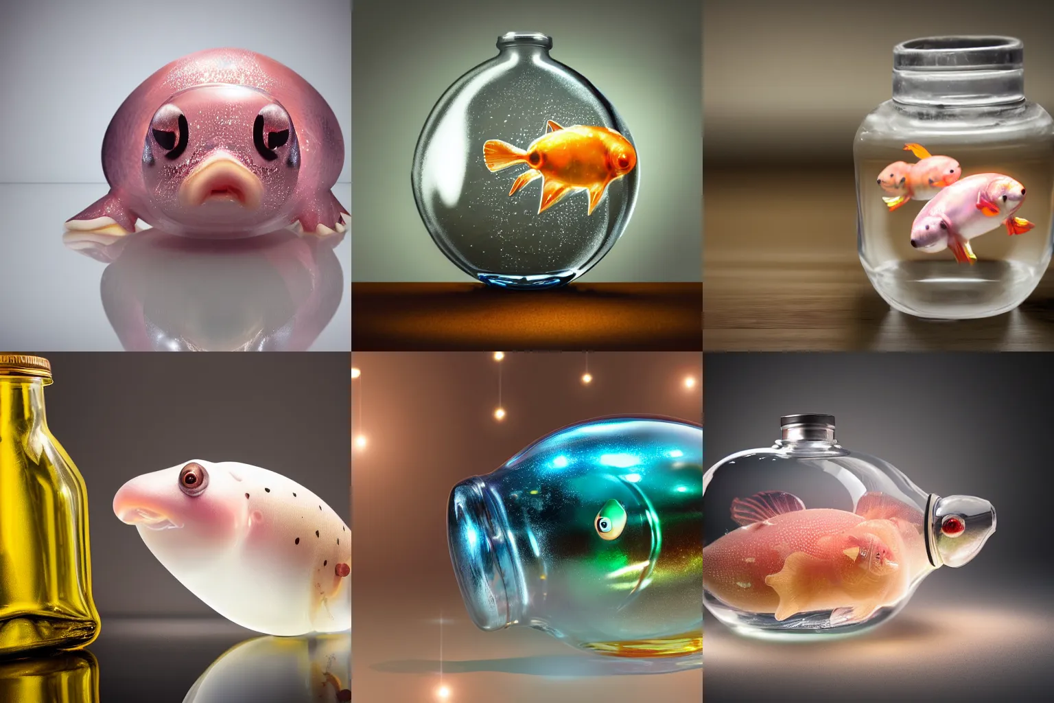 Prompt: Hyper realistic, ultra 4K, close up, photorealistic glass bottle containing a blobfish, glimmering reflections, huge glass bottle containing blobfish inside bottle, in room with lights, blobfish in bottle, large blobfish visible in frame