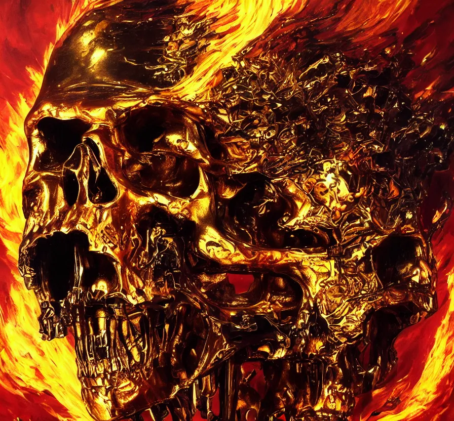 Image similar to gold terminator skull on flaming town, acrilic paint, brush paint, heavenly atmosphere, paint, ultra detailed, beautiful image, resolution, artstation