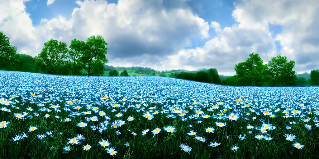Image similar to field of light - blue daisies, white sky in background, matte painting