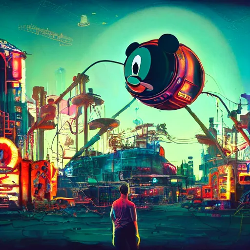 Image similar to a group of people standing around a giant one eyed mickey mouse, cyberpunk art by david lachapelle, cgsociety, sots art, dystopian art by industrial light and magic, concept art, neons, interior, in the style of beeple