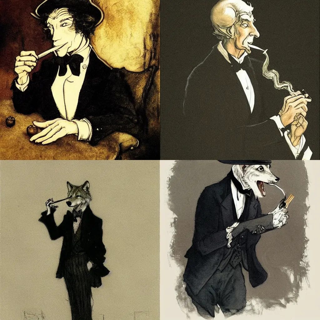 Prompt: a portrait painting of an aristocratic wolf!!!!!!! wearing a tuxedo and smoking an old pipe, by arthur rackham, trending on cgsociety, moody cinematic lighting