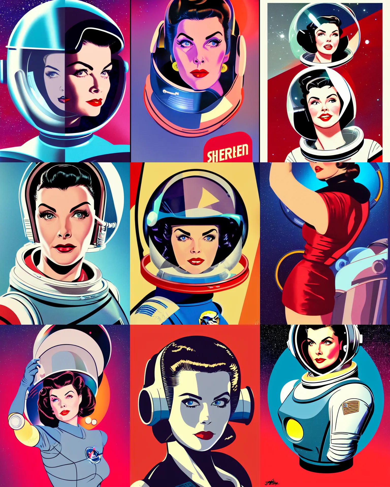 Prompt: sherilyn fenn 2 6 years old astronaut, retro space helmet, buck rogers. forbidden planet 1 9 5 6, retro futurism 1 9 5 0 s, half portrait by stanley artgerm, dramatic lighting, ilya kuvshinov, trending on artstation, flat colour, geometric curves, gradient filter, pleasing tone colours, art deco patterns