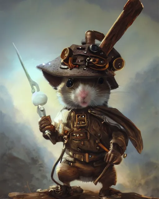 Image similar to oil painting of anthropomorphized hamster holding pickaxe, steampunk clothes, close shot, full body, dark steampunk mine shaft background, sharp focus, fantasy style, octane render, volumetric lighting, 8k high definition, by greg rutkowski, highly detailed, trending on art Station, dungeons and dragons artwork, centered