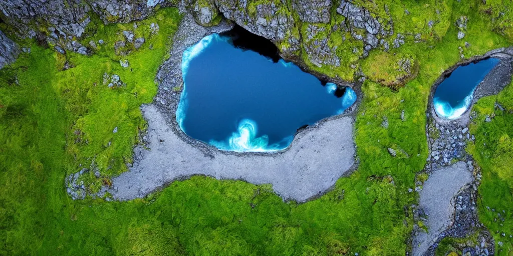 Prompt: drone shot photo of a landscape with mountains, waterfalls, wallpaper, lofoten, very very wide shot, blue glacier, iceland, new zeeland, green flush moss, national geographic, award landscape photography, professional landscape photography, sunny, day time, beautiful