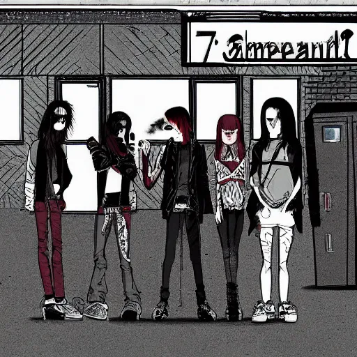 Image similar to “ group of goth punks smoking cigarettes sitting on car at an abandoned 7 - eleven convenience store, apocalyptic, photorealism, cel shading ”