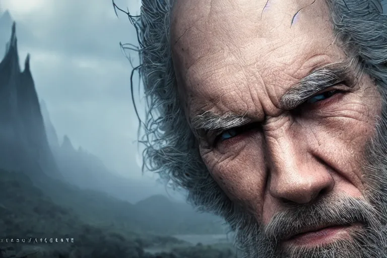 Image similar to an ultra realistic cinematic close up headshot portrait of an evil wizard, background of a vast serene landscape with trees and rivers, detailed, deep focus, movie still, dramatic lighting, ray tracing, by michal karcz and yoshitaka amano