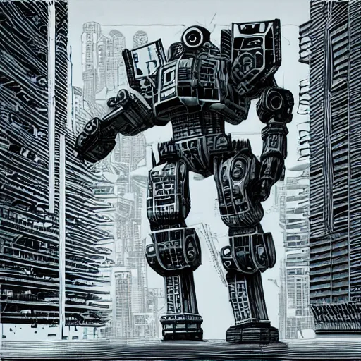 Image similar to Mcbess designed cyberpunk aesthetic TOOL album cover art of a giant mech warrior. 3D octane.