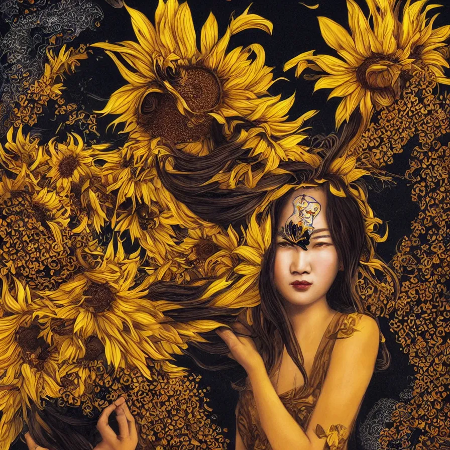 Image similar to The beautiful sunflower Chinese goddess-queen and her eyes burning with fire, she wears an helianthus crown and a black, brown and yellow dress, colourful artwork, indigo background, surreal, dramatic lighting, face, detailed, intricate, elegant, highly detailed, digital painting, artstation, concept art, smooth, sharp focus, illustration, art by Sam Spratt, Dan Mumford, Artem Demura and Alphonse Mucha