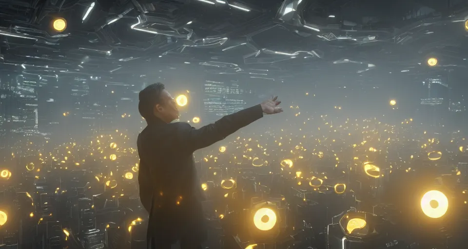 Image similar to Dramatic photo of a CEO waving to a large group of his coworkers in a futuristic office. Golden coins are levitating all around them. 8k, high detail, trending on Artstation, volumetric lighting, cyberpunk