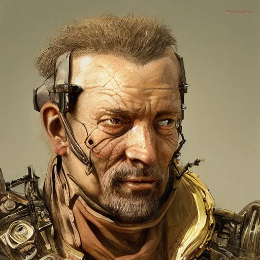 Image similar to portrait, headshot, digital painting, of a old 17th century, old cyborg merchant, amber jewels, baroque, ornate clothing, scifi, realistic, hyperdetailed, chiaroscuro, concept art, art by Franz Hals and Jon Foster