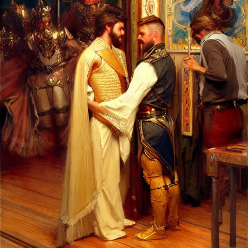 Image similar to attractive fully clothed king confesses his love for his attractive fully clothed male prince. highly detailed painting by gaston bussiere, craig mullins, j. c. leyendecker 8 k