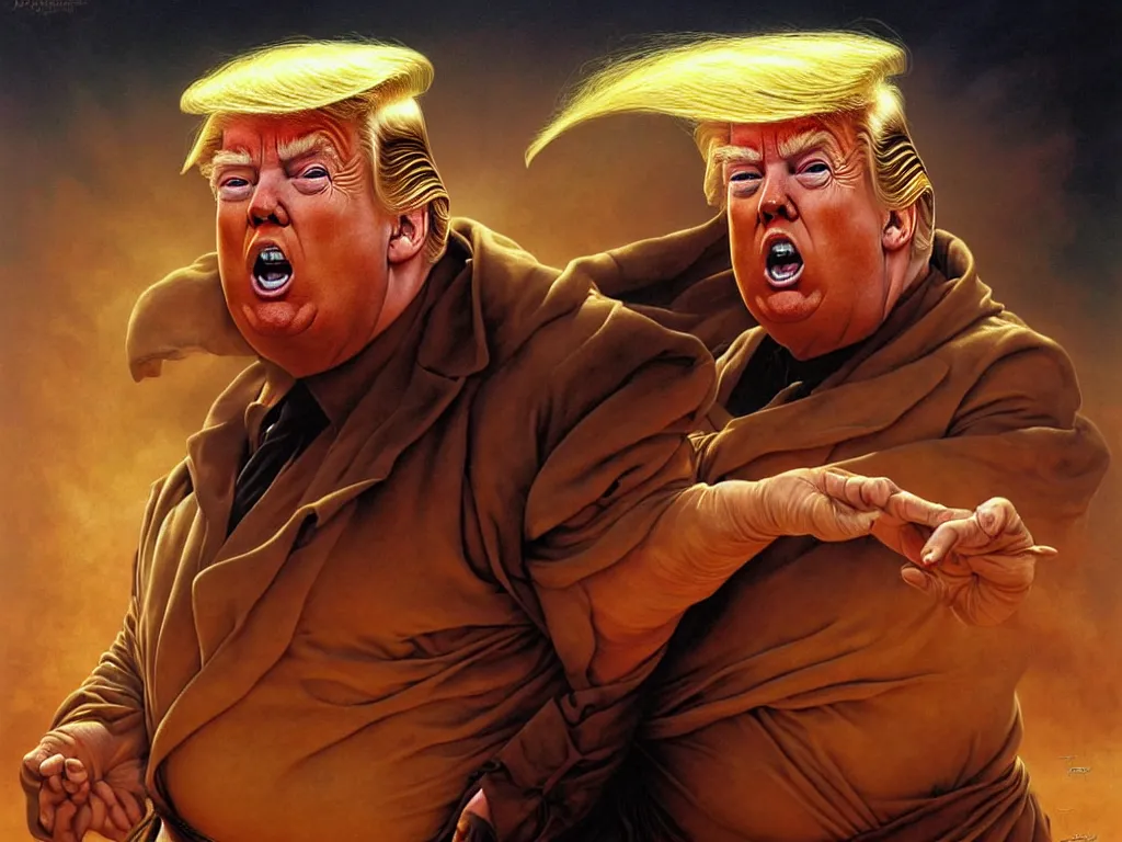 Prompt: Donald trump playing baron harkonnen in Dune, highly detailed realistic painting by Tomasz Alen Kopera and hajime sorayama and carl spitzweg