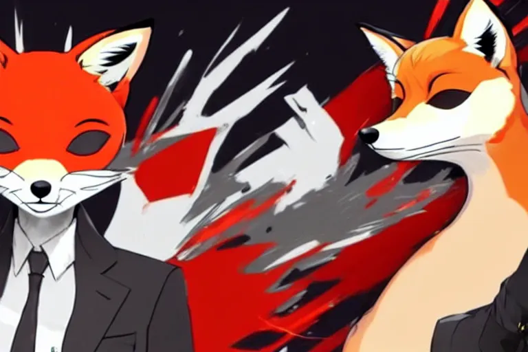 Image similar to a furry tan male fox on a persona 5 : royal ( by atlus ) video game splash screen, a furry male sandcolored tan fox fursona ( has hair ), persona 5 phantom thief style