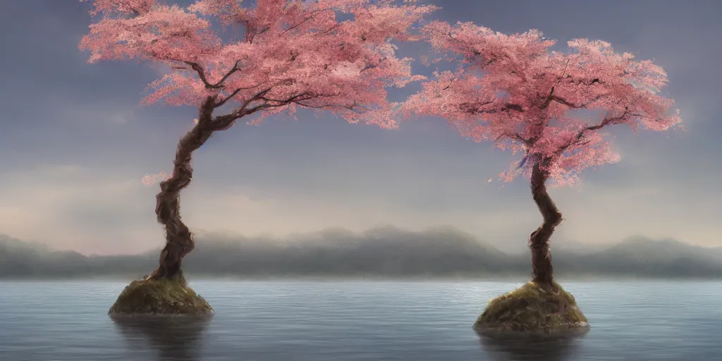 Image similar to a single sakura tree growing upon an island in a lake, illustration, light beams, digital art, oil painting, fantasy, 8 k, trending on artstation, detailed