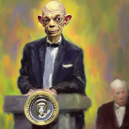 Image similar to impressionist painting of president gollum giving a speech