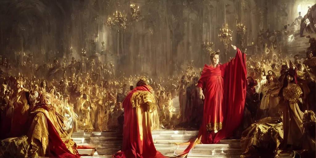 Image similar to beautiful oil matte portrait painting, steve buscemi in royal crimson robes enthroned as the god emperor of ancient rome surrounded by servants in gilded halls a golden wreath upon his head, by anders zorn, wonderful masterpiece by greg rutkowski, beautiful cinematic light, american romanticism, by thomas lawrence, greg rutkowski