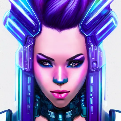 Prompt: a stunning upper body portrait of a beautiful young woman wearing futuristic navy blue and teal battle bodyarmor and pauldrons and ombre purple and pink hairstyle with hair blowing in the wind, by marvel comics, neon, highly detailed, fine detail, intricate, digital art, trending on artstation