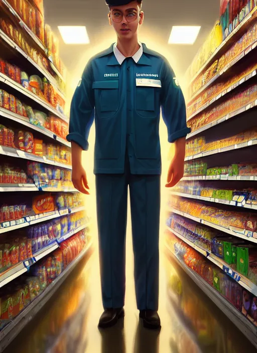 Prompt: portrait of a depressed supermarket worker in a countdown nz uniform, intricate, elegant, glowing lights, highly detailed, digital painting, artstation, concept art, smooth, sharp focus, illustration, art by wlop, mars ravelo and greg rutkowski