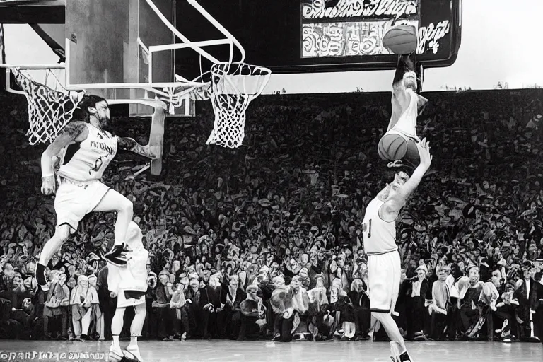 Image similar to peter dinklage dunking a basketball nba slam dunk contest 1 9 9 8, in the style of eugene atget and peter witkin