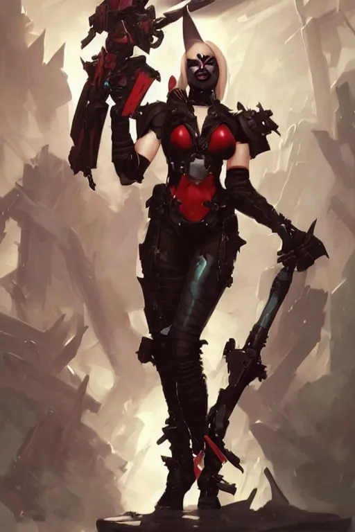 Image similar to portrait of dark eldar Harley Quinn in bikini armor, dc comics, cyberpunk, Warhammer 40000, dark fantasy, digital art from artstation by Ruan Jia and Mandy Jurgens and Artgerm and william-adolphe bouguereau