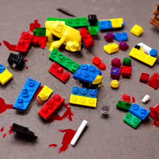 Prompt: parts of dismembered lego minifigure scattered along table, blood, guts